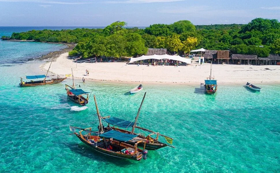 Traditional dhows beside an island beach on Safari Blue