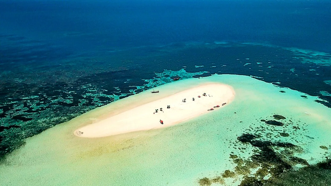 Aerial view of Pungume sandbank and surrounding reefs