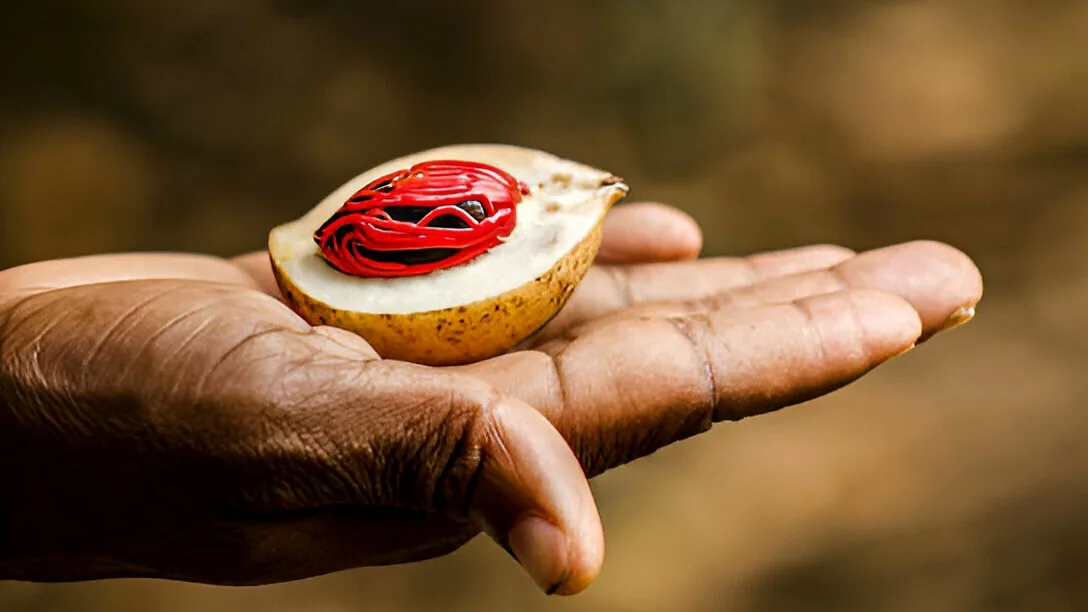 Opened nutmeg fruit with red mace at a Zanzibar spice farm